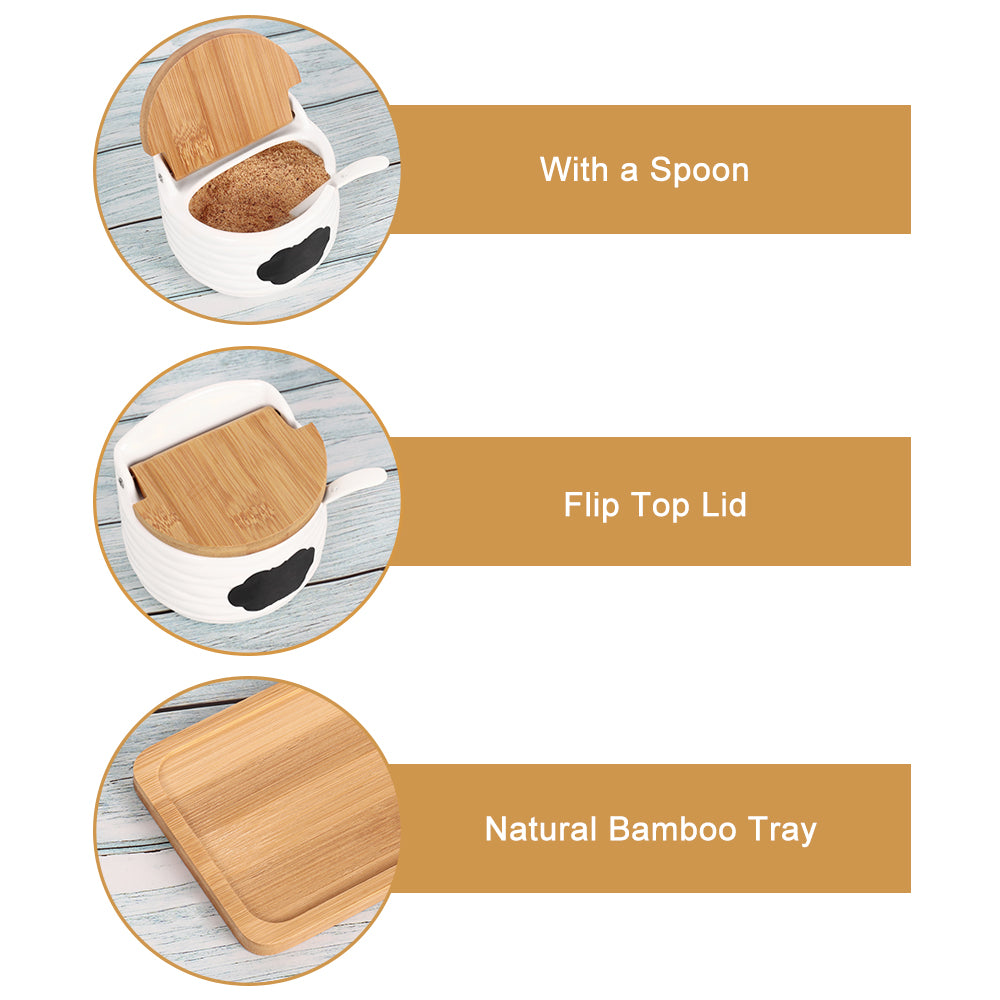 3-Piece Ceramic Condiment Jar Set - Porcelain Spice Pots with Bamboo Lids & Spoons - Decorative Kitchen Countertop Organizer Tray