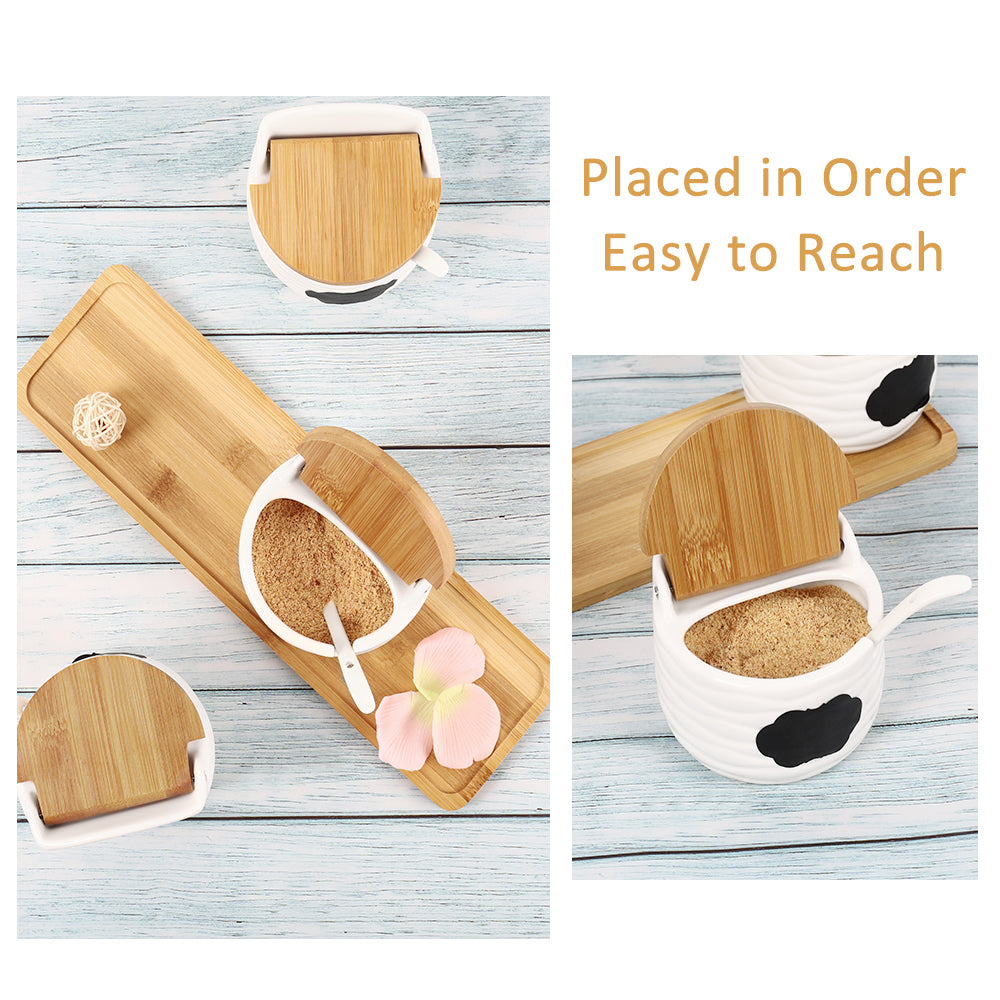 3-Piece Ceramic Condiment Jar Set - Porcelain Spice Pots with Bamboo Lids & Spoons - Decorative Kitchen Countertop Organizer Tray
