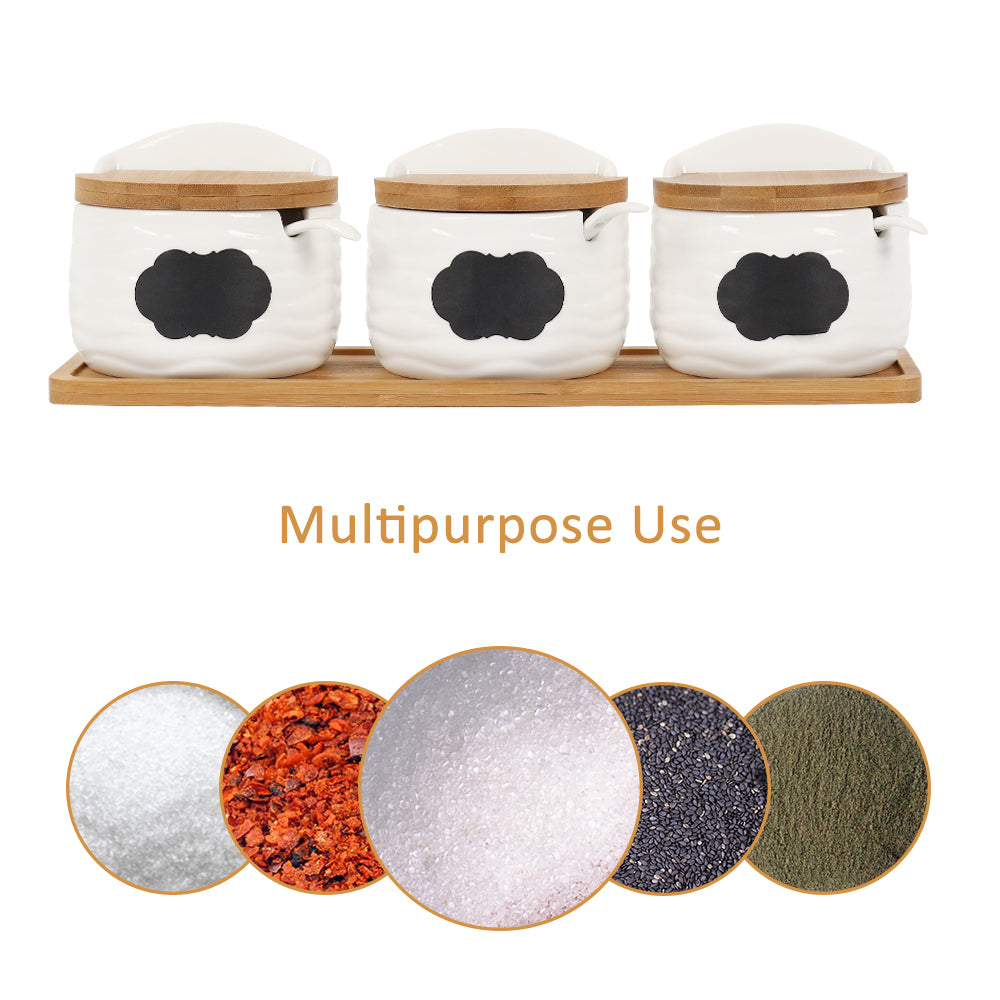3-Piece Ceramic Condiment Jar Set - Porcelain Spice Pots with Bamboo Lids & Spoons - Decorative Kitchen Countertop Organizer Tray