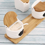 3-Piece Ceramic Condiment Jar Set - Porcelain Spice Pots with Bamboo Lids & Spoons - Decorative Kitchen Countertop Organizer Tray