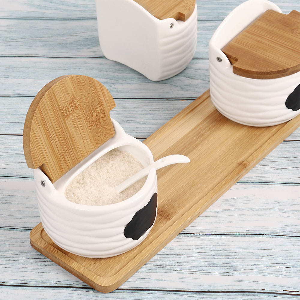 3-Piece Ceramic Condiment Jar Set - Porcelain Spice Pots with Bamboo Lids & Spoons - Decorative Kitchen Countertop Organizer Tray