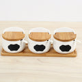 3-Piece Ceramic Condiment Jar Set - Porcelain Spice Pots with Bamboo Lids & Spoons - Decorative Kitchen Countertop Organizer Tray