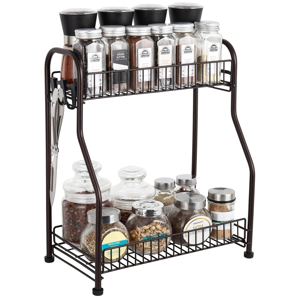 2-Tier Kitchen Spice Rack Organizer - Multi-Purpose Bathroom Counter Shelf with Hooks - Space-Saving Standing Storage, Brown
