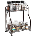 2-Tier Kitchen Spice Rack Organizer - Multi-Purpose Bathroom Counter Shelf with Hooks - Space-Saving Standing Storage, Brown