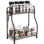 2-Tier Kitchen Spice Rack Organizer - Multi-Purpose Bathroom Counter Shelf with Hooks - Space-Saving Standing Storage, Brown