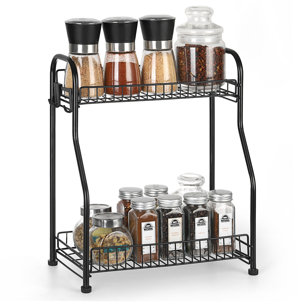 2 Tier Black Metal Spice Rack Countertop Organizer, Freestanding Kitchen Seasoning Shelf with Hooks, Spice Jar & Can Storage Holder