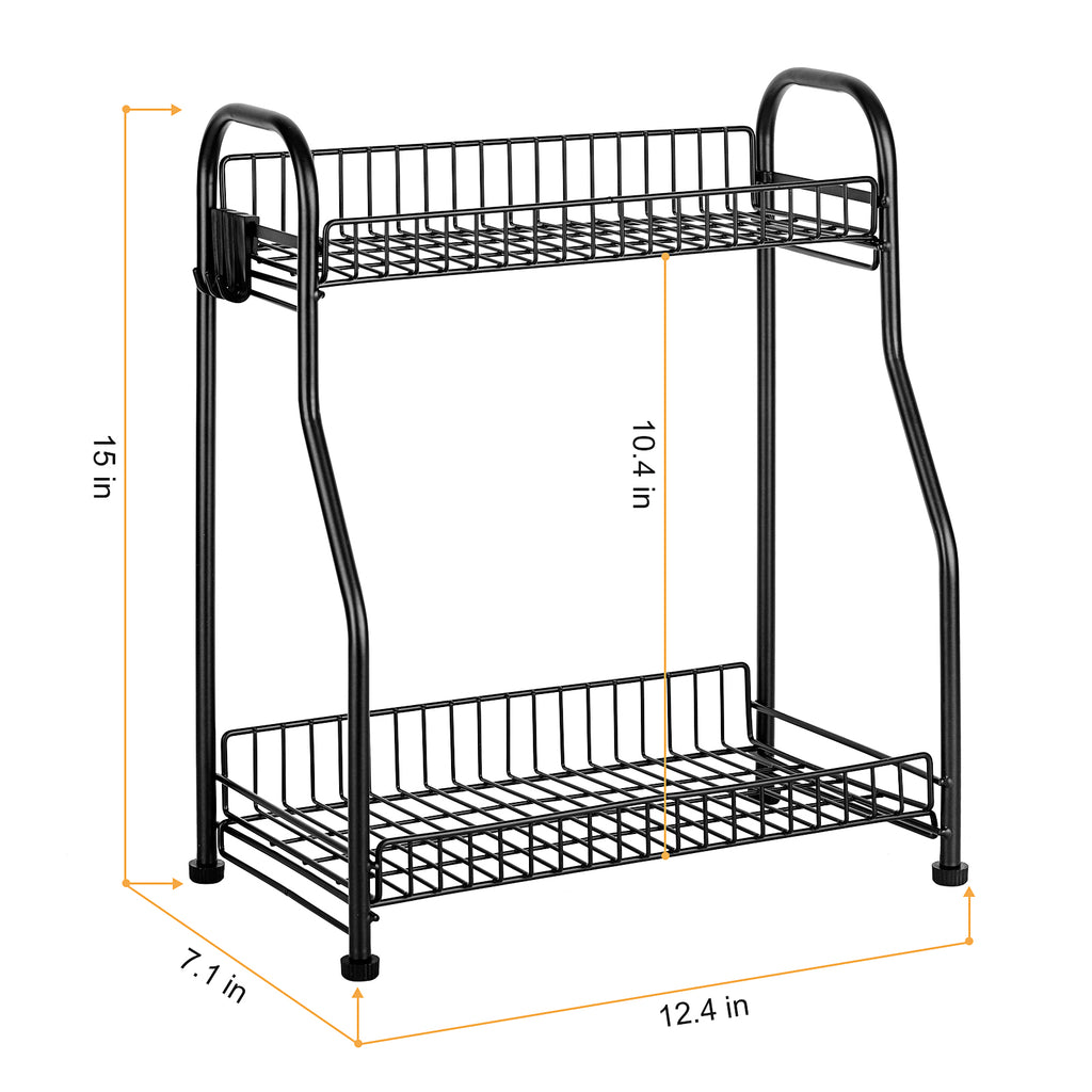 2 Tier Black Metal Spice Rack Countertop Organizer, Freestanding Kitchen Seasoning Shelf with Hooks, Spice Jar & Can Storage Holder
