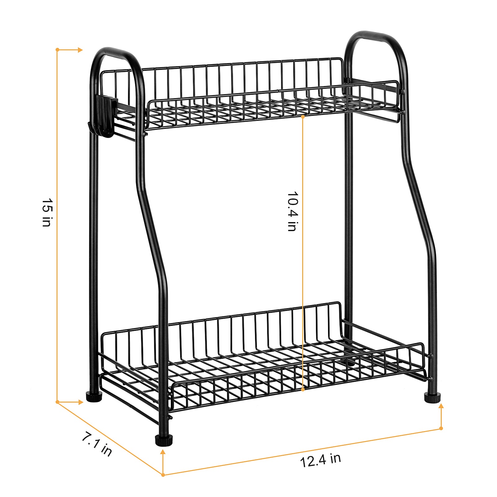 2 Tier Black Metal Spice Rack Countertop Organizer, Freestanding Kitchen Seasoning Shelf with Hooks, Spice Jar & Can Storage Holder