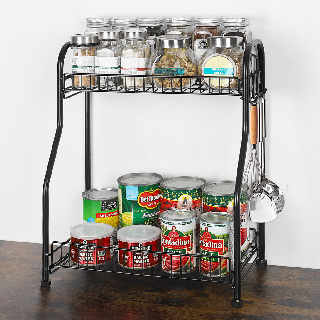 2 Tier Black Metal Spice Rack Countertop Organizer, Freestanding Kitchen Seasoning Shelf with Hooks, Spice Jar & Can Storage Holder
