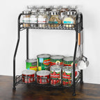 2 Tier Black Metal Spice Rack Countertop Organizer, Freestanding Kitchen Seasoning Shelf with Hooks, Spice Jar & Can Storage Holder