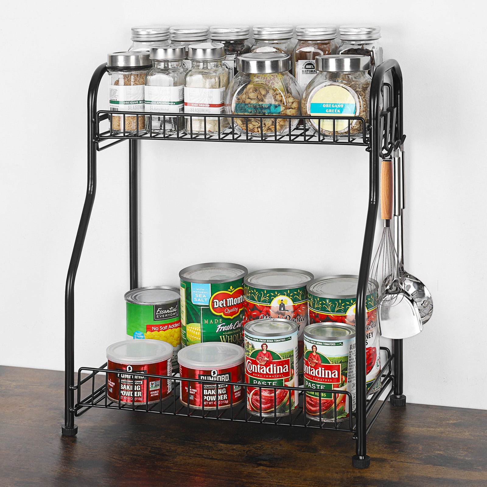 2 Tier Black Metal Spice Rack Countertop Organizer, Freestanding Kitchen Seasoning Shelf with Hooks, Spice Jar & Can Storage Holder