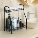 2 Tier Black Metal Spice Rack Countertop Organizer, Freestanding Kitchen Seasoning Shelf with Hooks, Spice Jar & Can Storage Holder