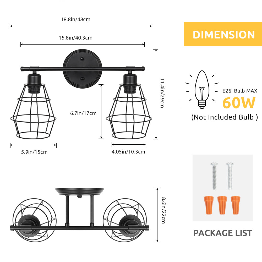 Bathroom Vanity Light, Industrial Metal Cage Wall Sconce, Farmhouse Wall Sconce Matte Black Metal Cage Light Fixture for Over Bathroom Mirror, Cafe, Living Room