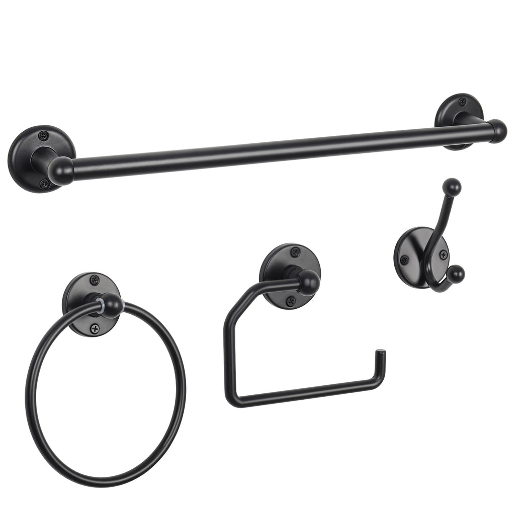 4 Piece Set, Black Bathroom Accessory Kit, Bathroom Hardware Set with 18" Towel Rail, Toilet Paper Holder, Towel Ring & Bathrobe Hook, Black Bathroom Towel Kit, Wall Mounted