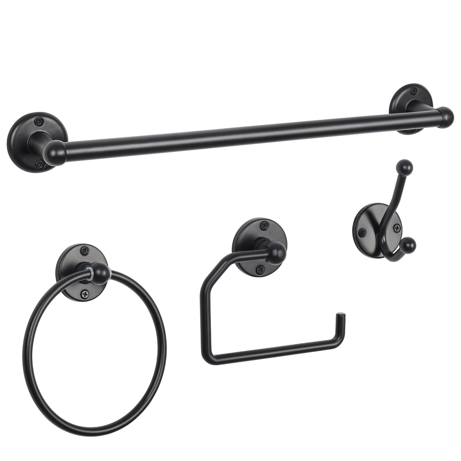 4 Piece Set, Black Bathroom Accessory Kit, Bathroom Hardware Set with 18" Towel Rail, Toilet Paper Holder, Towel Ring & Bathrobe Hook, Black Bathroom Towel Kit, Wall Mounted