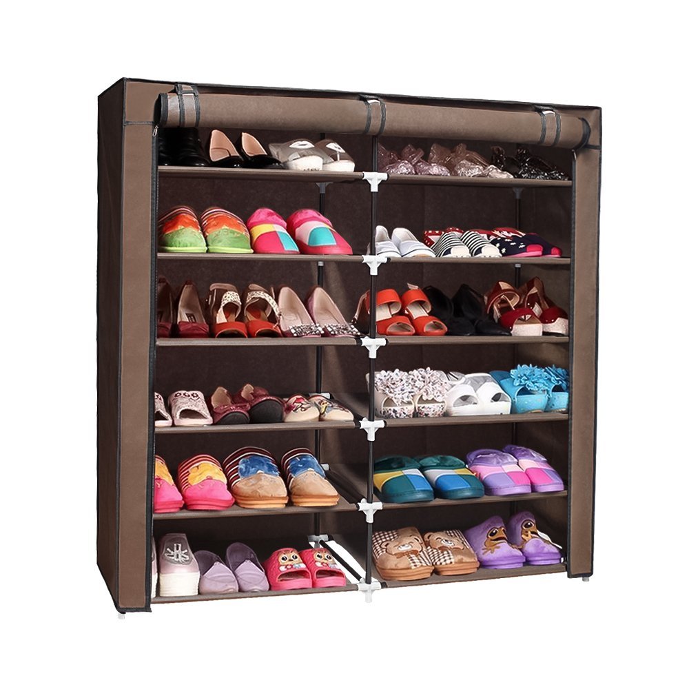 6 Tier Double Row Shoe Rack with Dust Cover, Waterproof Non-woven Shoe Storage Organizer for Entryway Bedroom