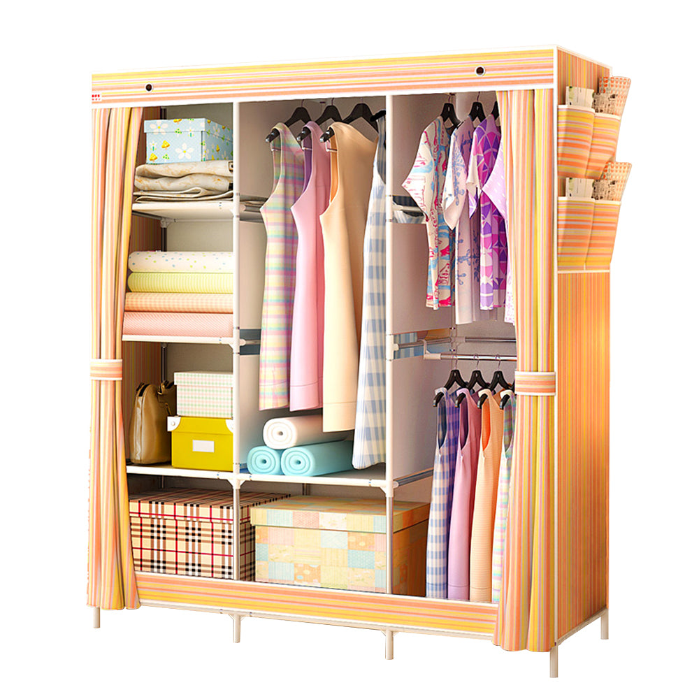 Yellow Stripe Fabric Portable Clothes Wardrobe Metal Frame Storage Closet