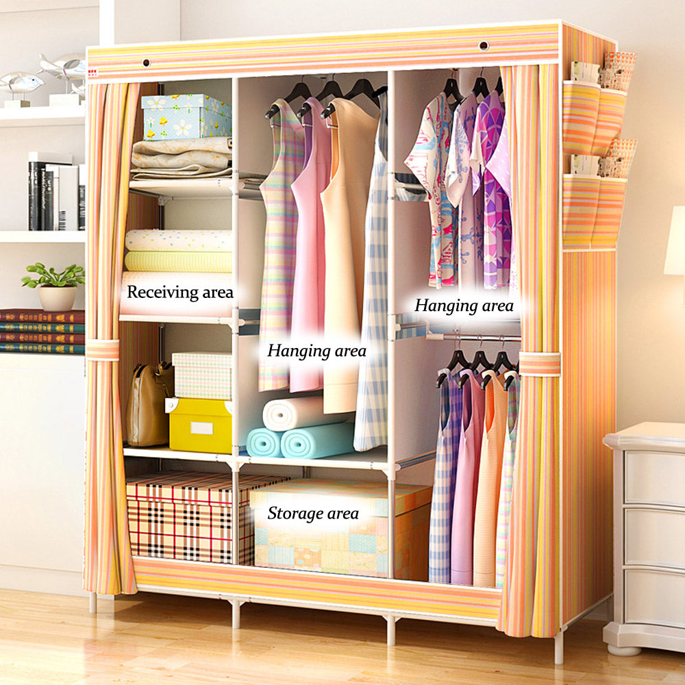 Yellow Stripe Fabric Portable Clothes Wardrobe Metal Frame Storage Closet