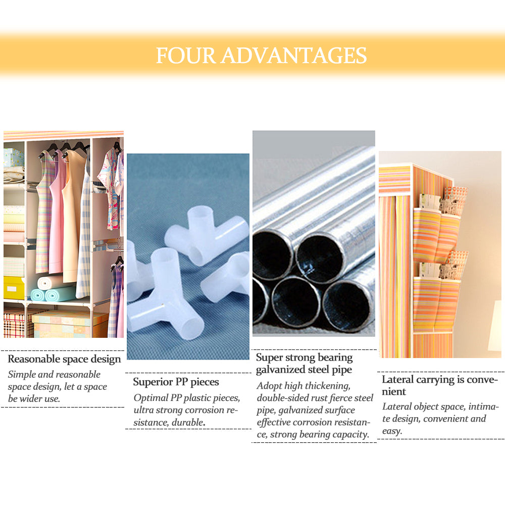 Yellow Stripe Fabric Portable Clothes Wardrobe Metal Frame Storage Closet
