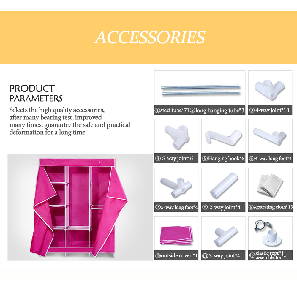 Yellow Stripe Fabric Portable Clothes Wardrobe Metal Frame Storage Closet