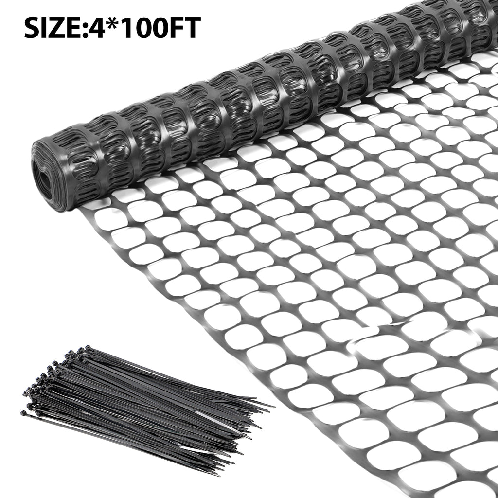 4' x 100' Plastic Mesh Safety Fence - High-Visibility Construction Barrier Netting - Includes 100 Zip Ties for Garden & Poultry