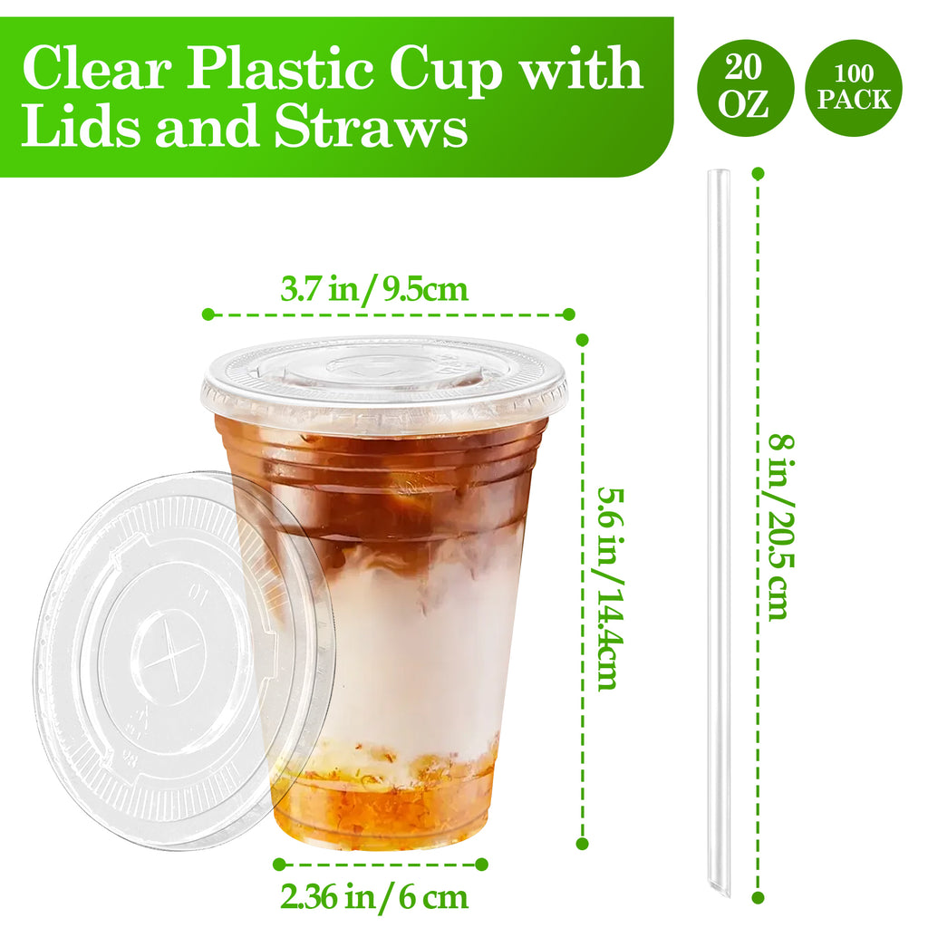 100-Pack 16oz/20oz/24oz Clear Plastic Cups with Lids & Straws - Leak-Proof Disposable Cups for Iced Coffee, Smoothies & Boba Tea
