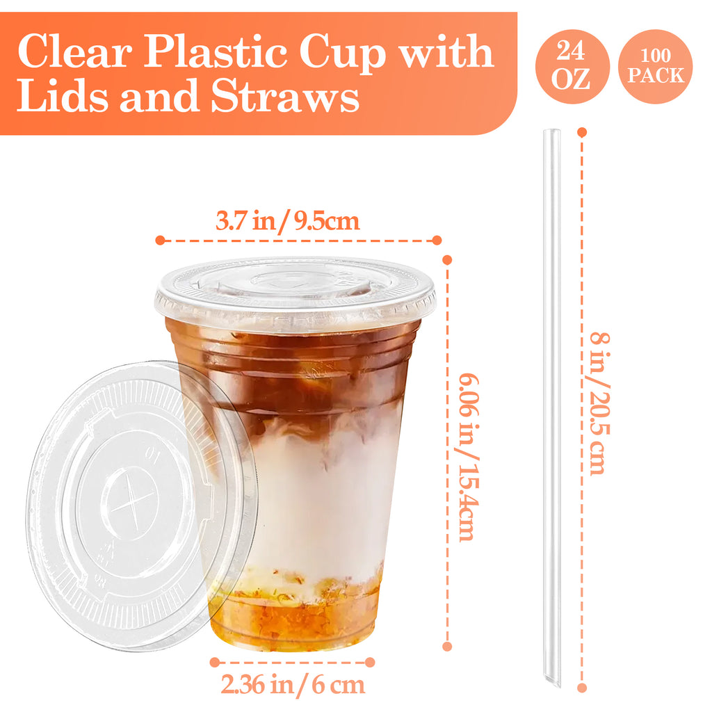 100-Pack 16oz/20oz/24oz Clear Plastic Cups with Lids & Straws - Leak-Proof Disposable Cups for Iced Coffee, Smoothies & Boba Tea