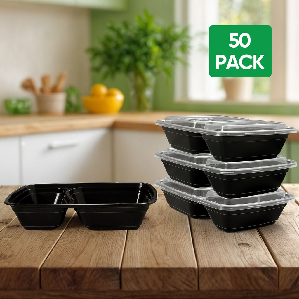 50-Pack 2-Compartment Meal Prep Containers - 30oz Reusable Plastic Food Storage with Lids - Perfect for Entrees & Sides