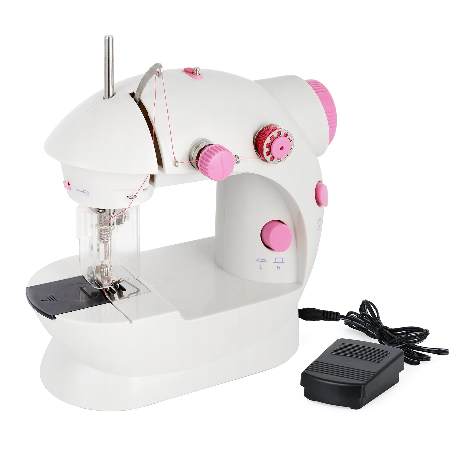 Mini Portable Sewing Machine - Dual Speed Crafting & Mending Machine for Beginners - Includes Foot Pedal, Pink & White