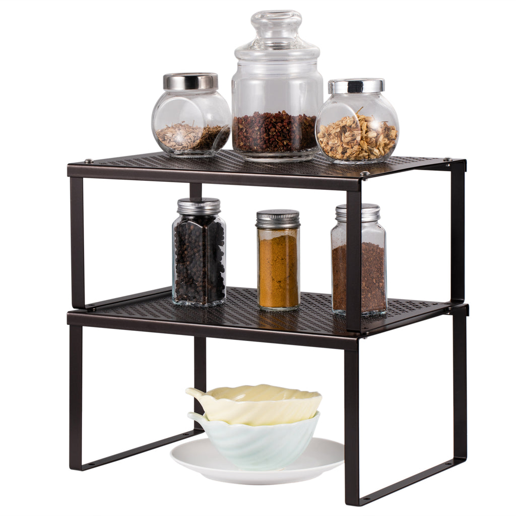 Set of 2 Black Cabinet Shelf Inserts - Expandable & Stackable Kitchen Organizer for Spice Rack