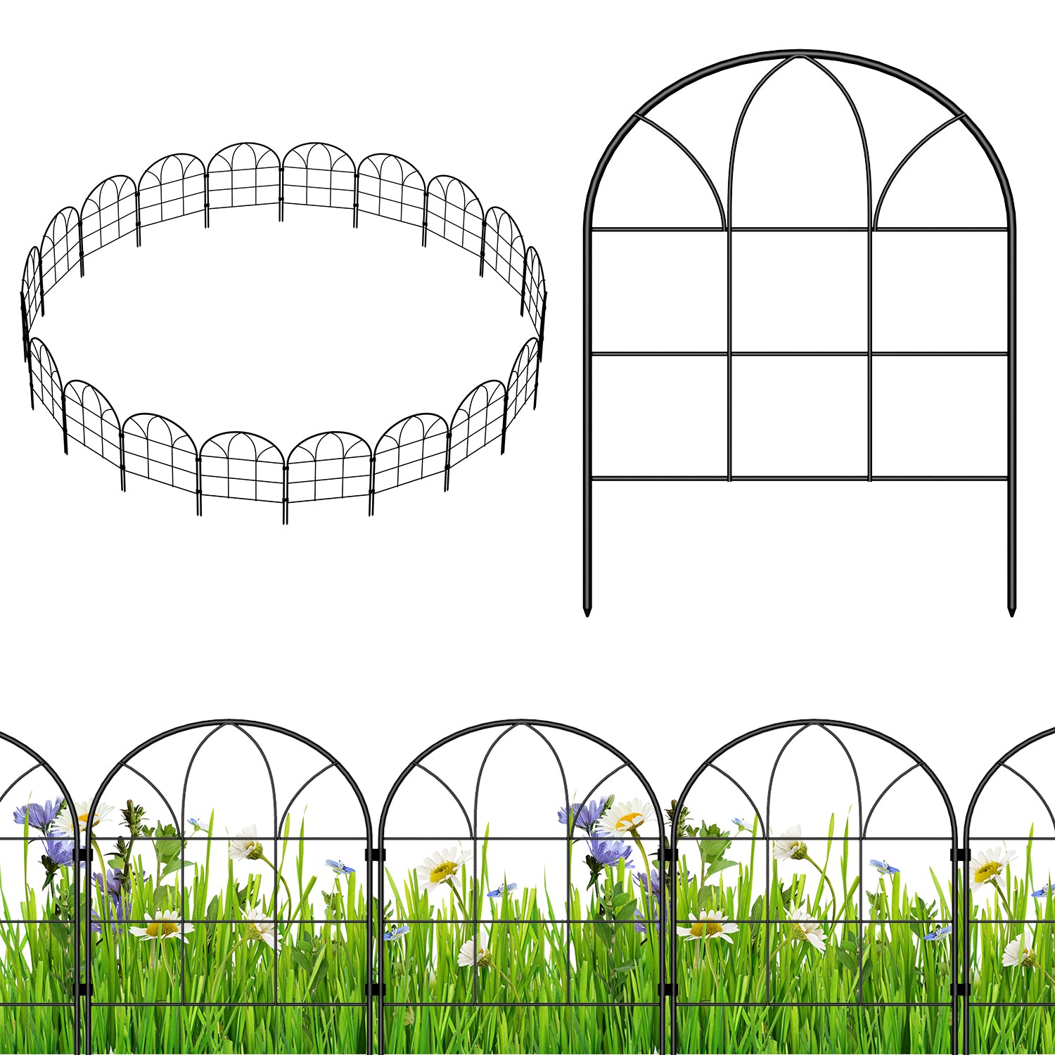 20-Pack Decorative Garden Fence - 6-Grid Style Metal Animal Barrier - Rustproof Outdoor Fencing for Yard & Flower Beds, Black