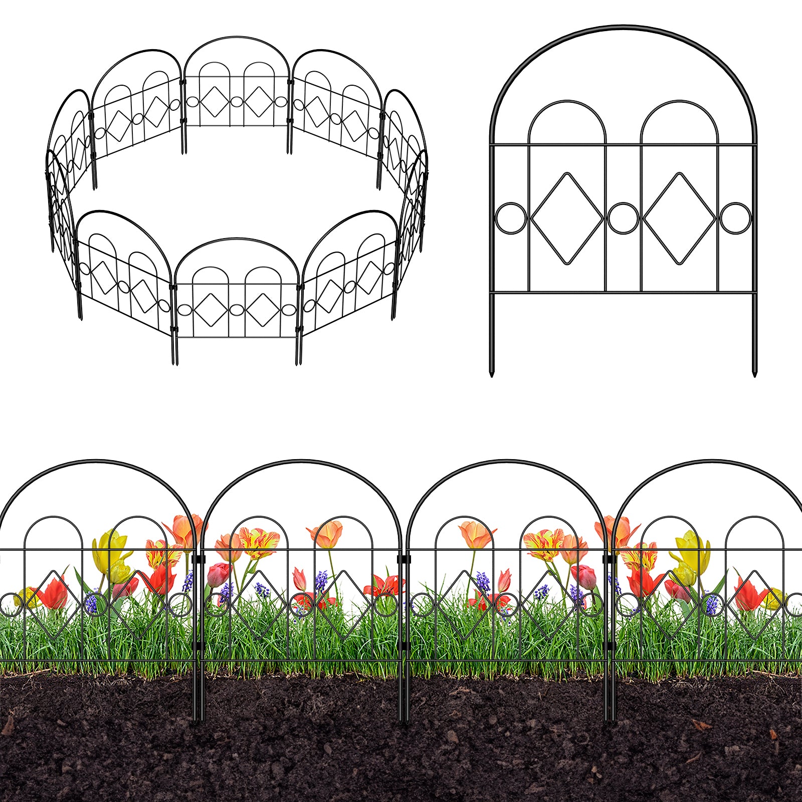 35-Panel Garden Fence Border - Arch & Diamond Design No-Dig Animal Barrier - Decorative Metal Fencing for Patio & Lawn