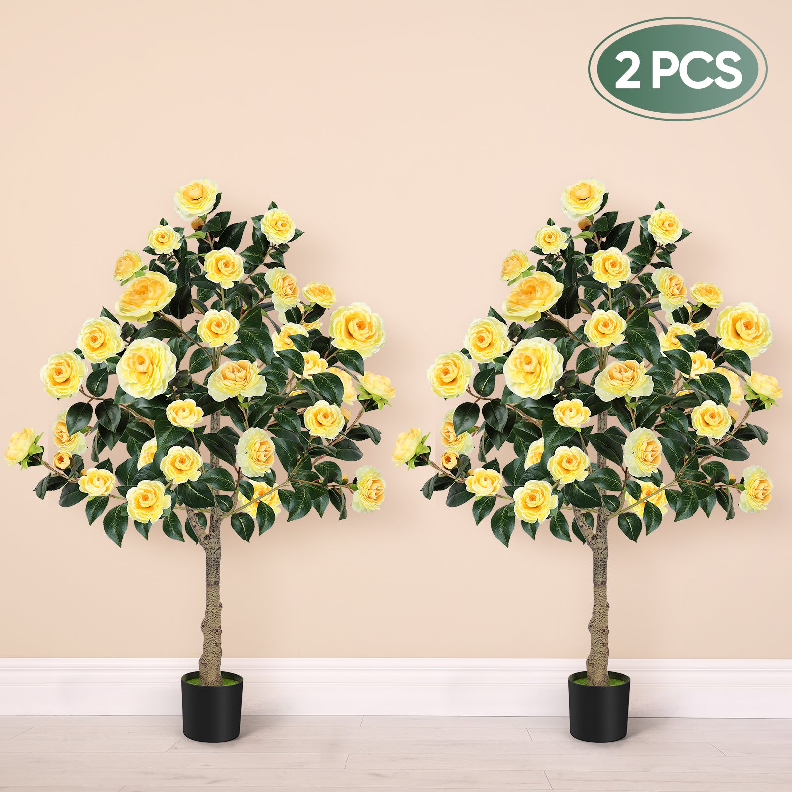 4ft Artificial Camellia Tree with Vibrant Yellow Flowers, Lifelike Potted Faux Plant for Indoor & Outdoor Home Decor, Porch & Office