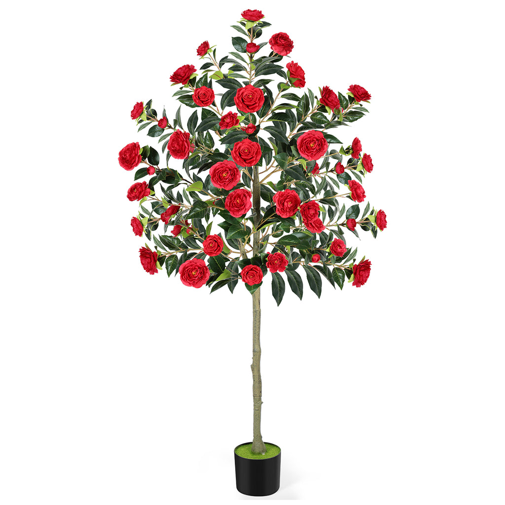 6ft Artificial Camellia Tree, Large Red Faux Blooming Tree in Pot, Tall Silk Floral Plant for Indoor Home Office & Front Door Decor
