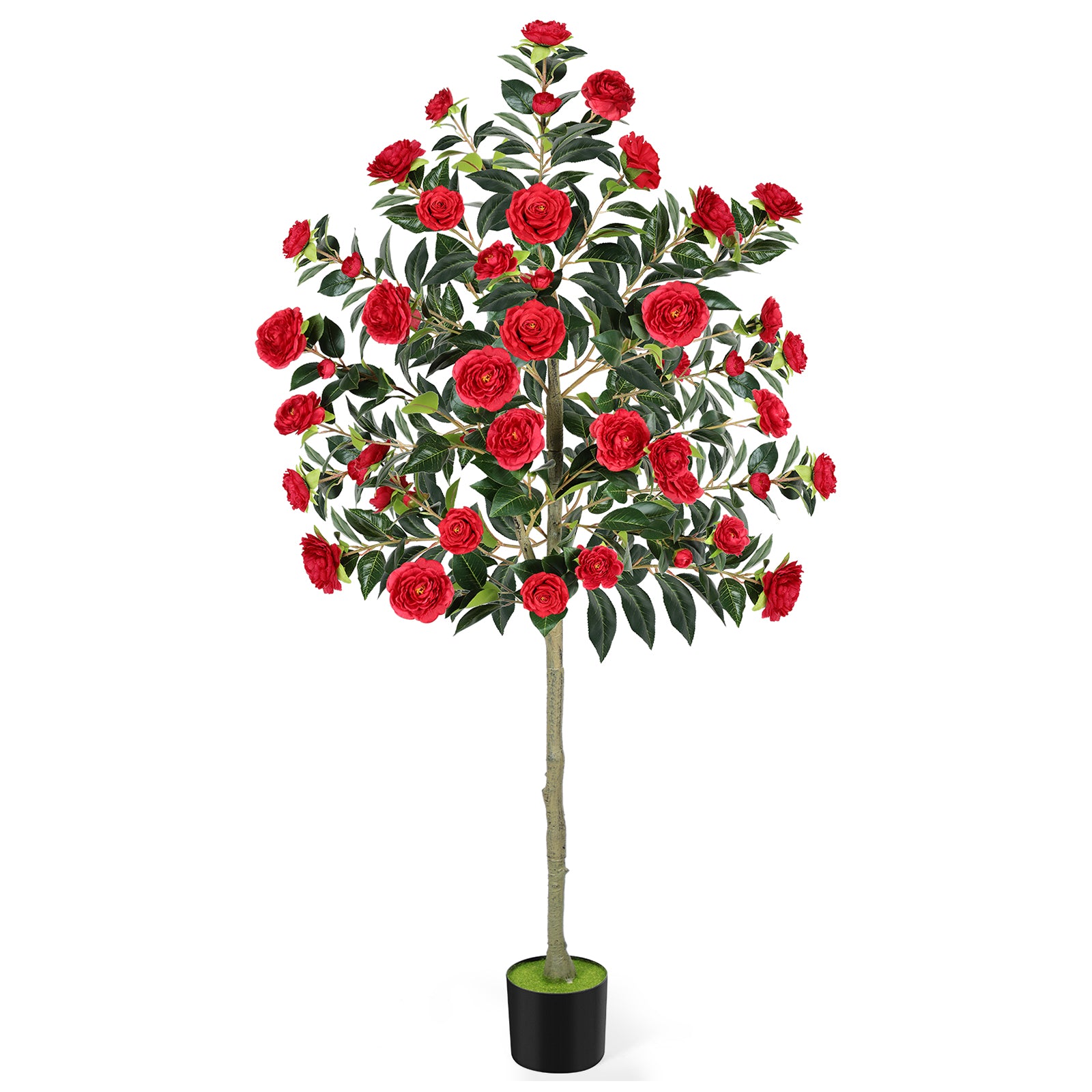 6ft Artificial Camellia Tree, Large Red Faux Blooming Tree in Pot, Tall Silk Floral Plant for Indoor Home Office & Front Door Decor