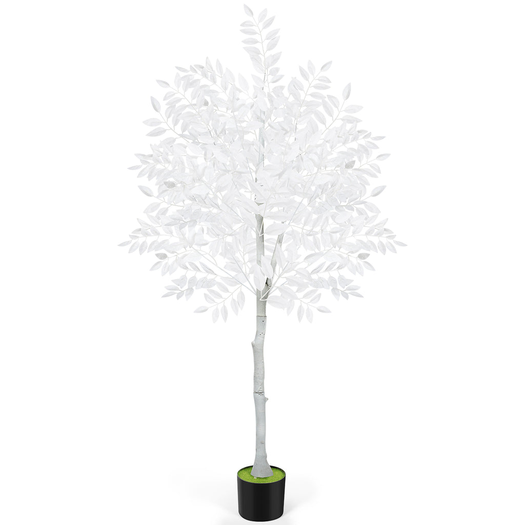 6ft Artificial Ficus Tree with White Silk Leaves, Tall Unique White Faux Plant in Pot for Modern Wedding & Home Office Decor