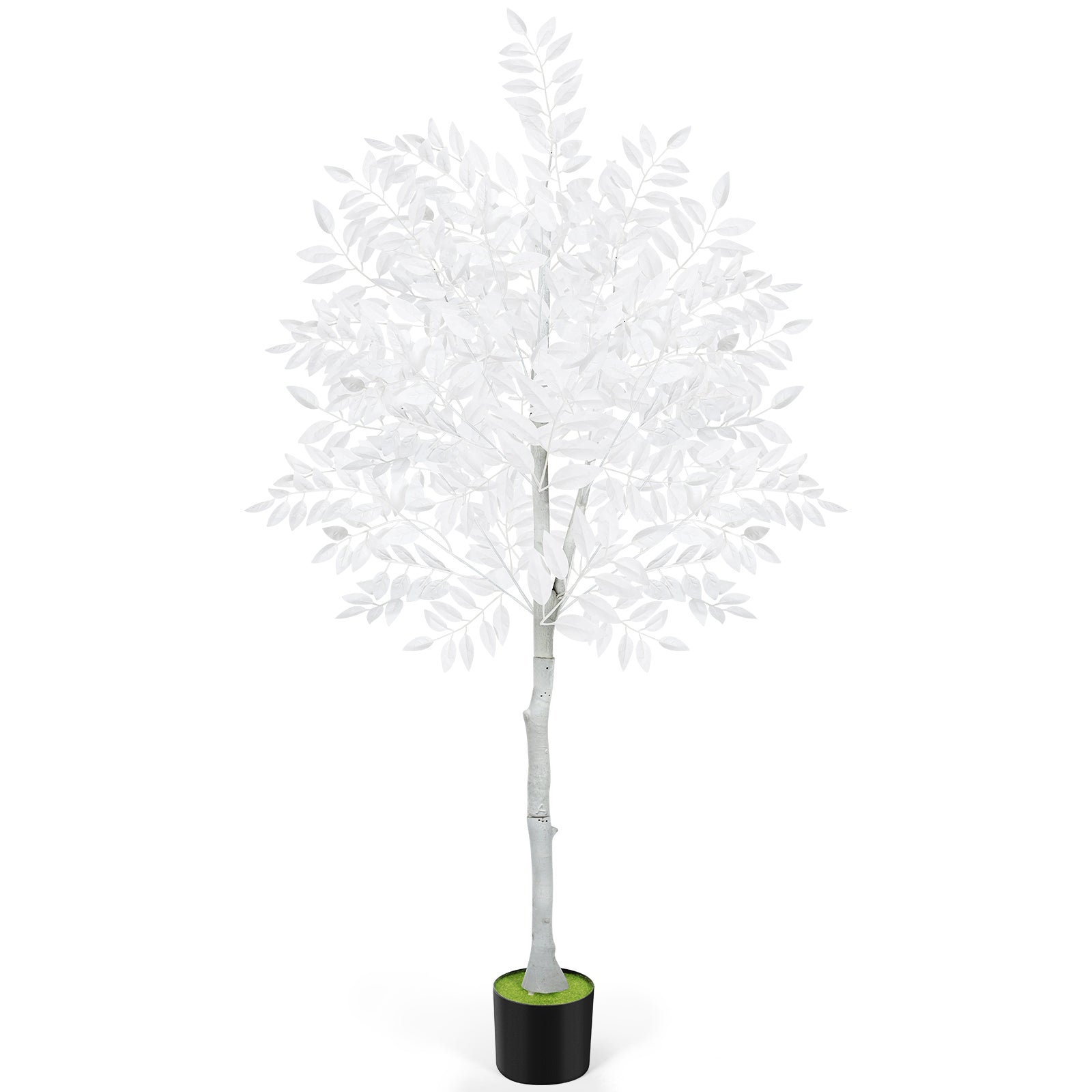 6ft Artificial Ficus Tree with White Silk Leaves, Tall Unique White Faux Plant in Pot for Modern Wedding & Home Office Decor