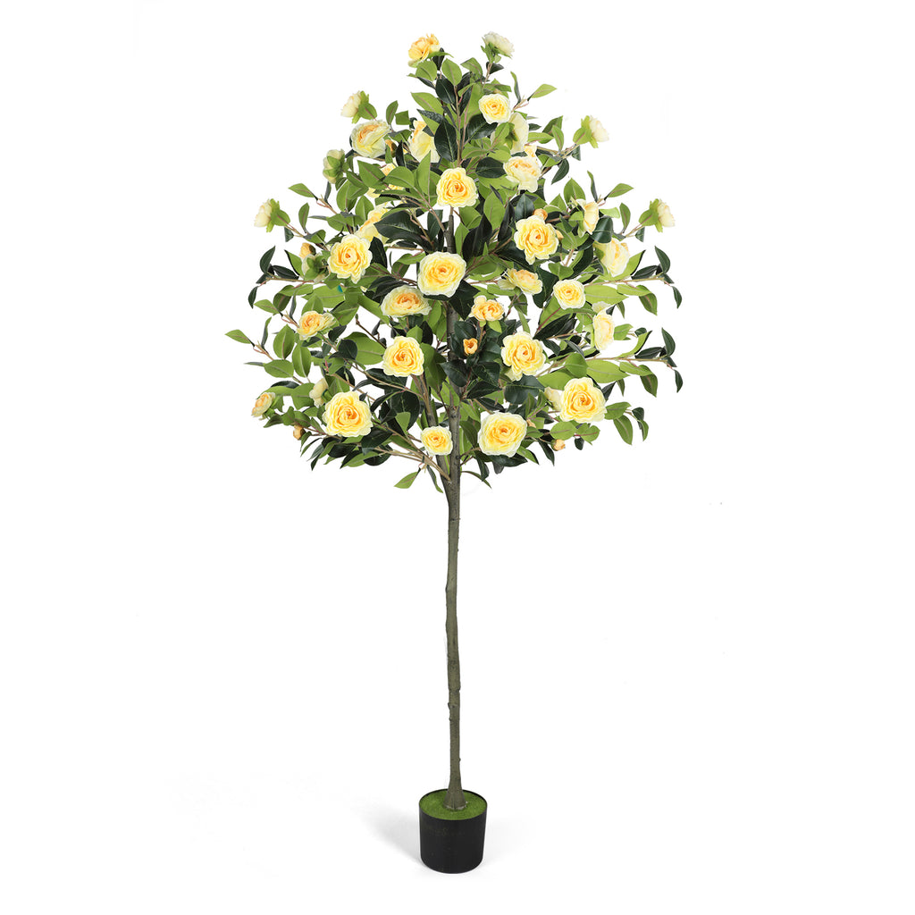 6ft Artificial Camellia Tree with Yellow Flowers, Tall Faux Blooming Tree in Pot for Indoor Outdoor Home Front Door Decor