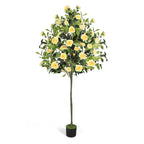6ft Artificial Camellia Tree with Yellow Flowers, Tall Faux Blooming Tree in Pot for Indoor Outdoor Home Front Door Decor