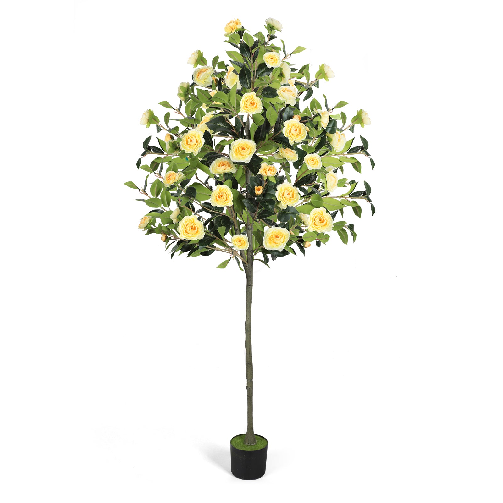 6ft Artificial Camellia Tree with Yellow Flowers, Tall Faux Blooming Tree in Pot for Indoor Outdoor Home Front Door Decor