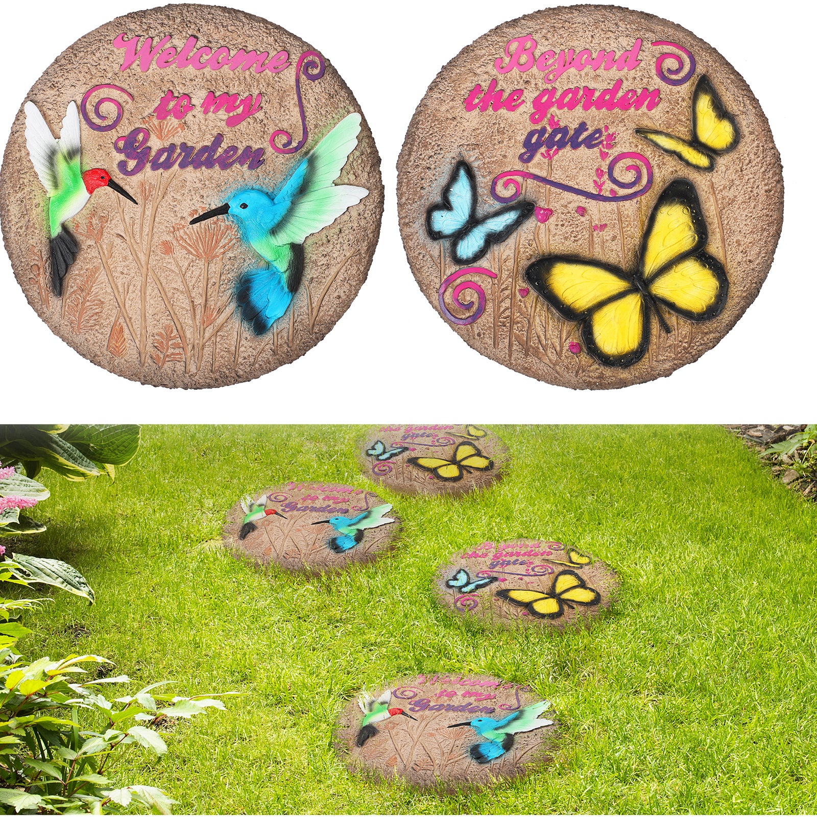 2-Pack 3D Hummingbird and Butterfly Stepping Stones, 10-Inch Decorative Concrete Garden Stones for Outdoor Yard & Path