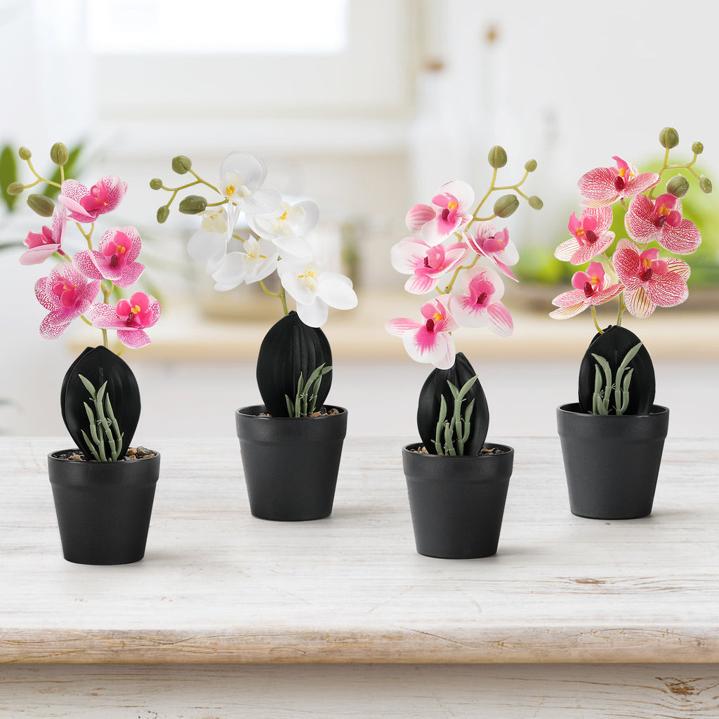 4-Pack Mini Artificial Orchid Potted Flowers, Phalaenopsis Faux Silk Floral Decor for Office Desk & Wedding Table