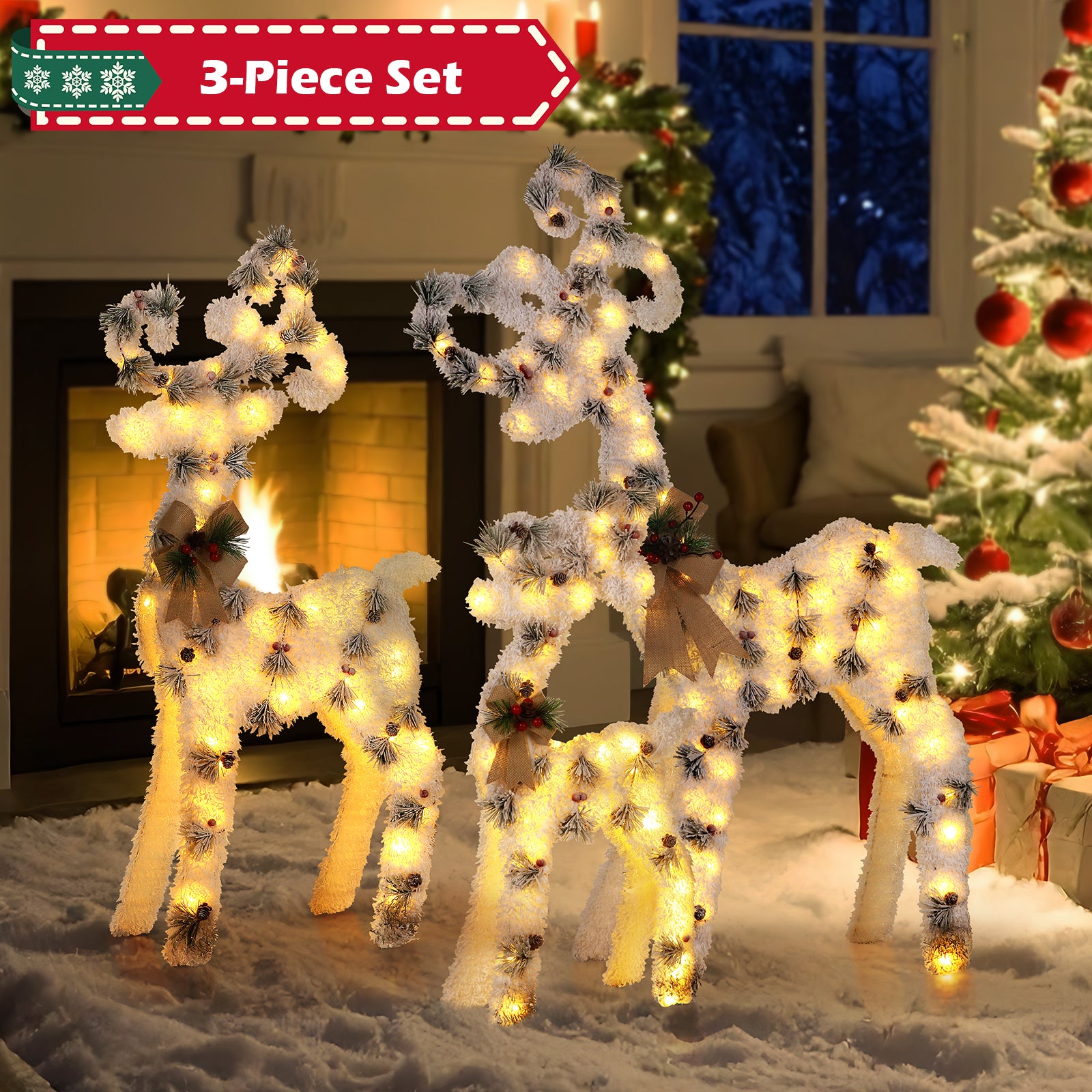 1pcs/3pcs Christmas Reindeer Family Yard Light Decorations With Decorated With Atmospheric Bow, Lighted 2D Reindeer Family With 60 L, Battery Pre-Lit Light Up Deer Set, Outdoor Christmas Deer Decorations For Yard Patio Lawn Garden Party