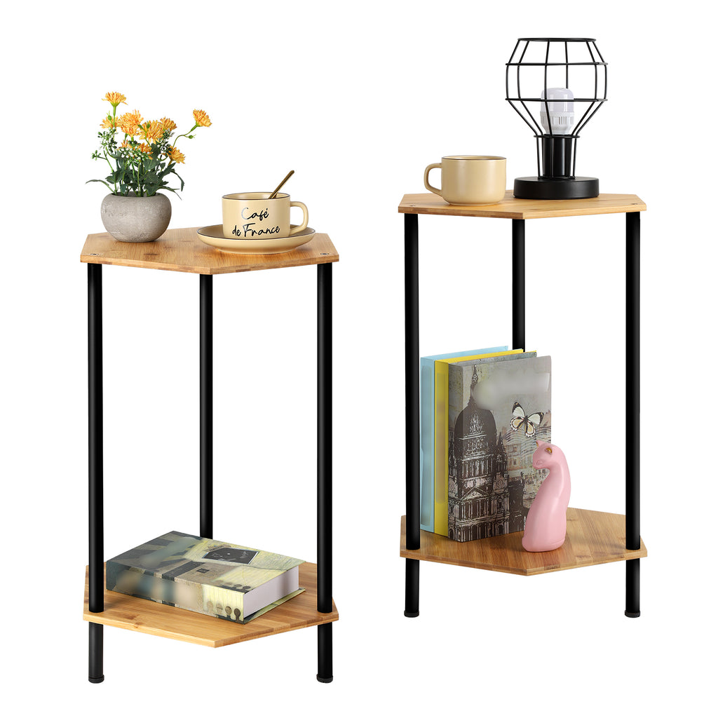 Bamboo Hexagonal End Table Set of 2 - 2-Tier Side Table & Nightstand for Small Spaces, Black
