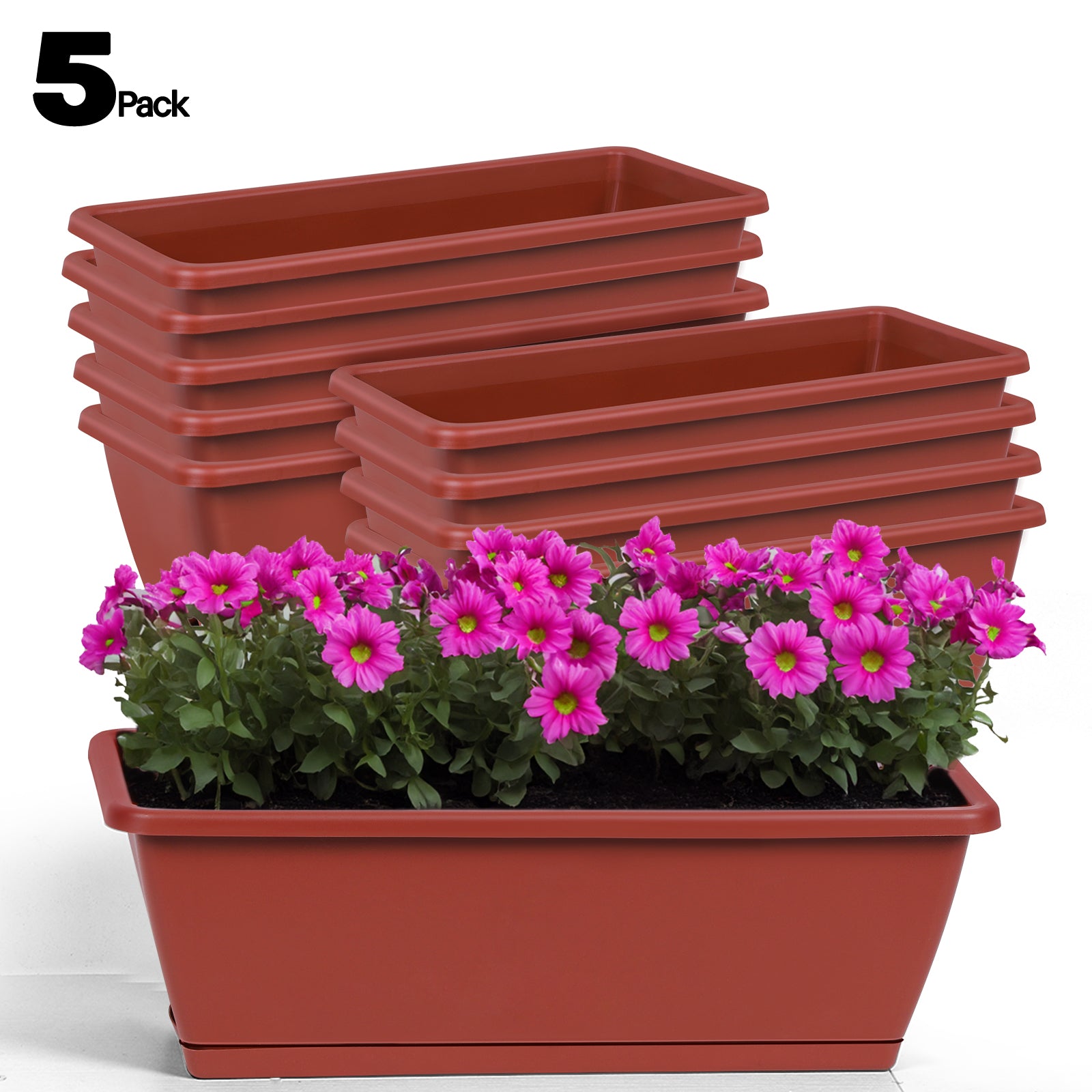 5-Pack Rectangular Flower Window Boxes - Large Plastic Planter Pots with Trays - Modern Herb & Vegetable Planting Boxes for Balcony & Windowsill
