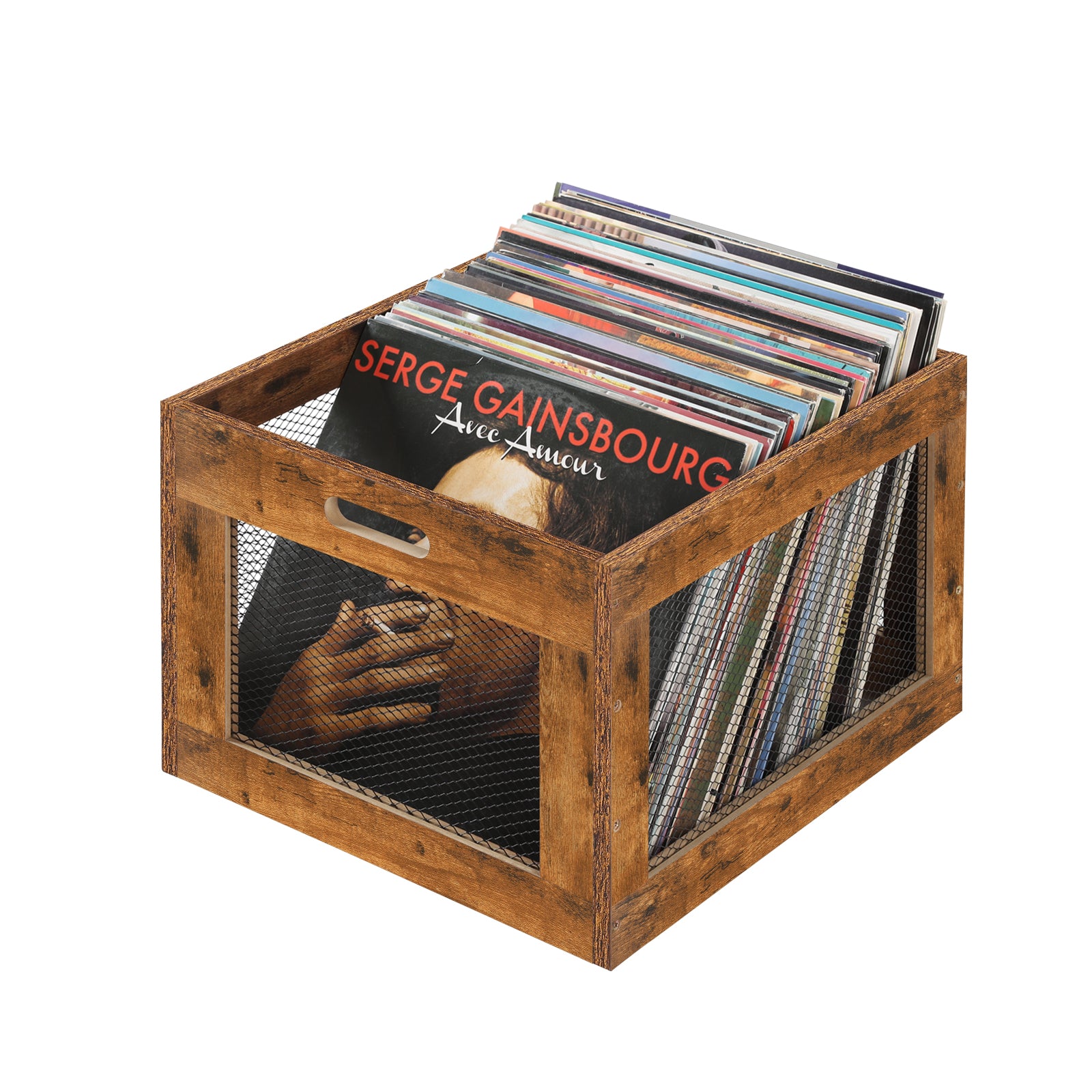 Vintage Wood Vinyl Record Storage Crate - Rustic Album Holder with Integrated Handles - Decorative Storage Case for Records, Books & Magazines