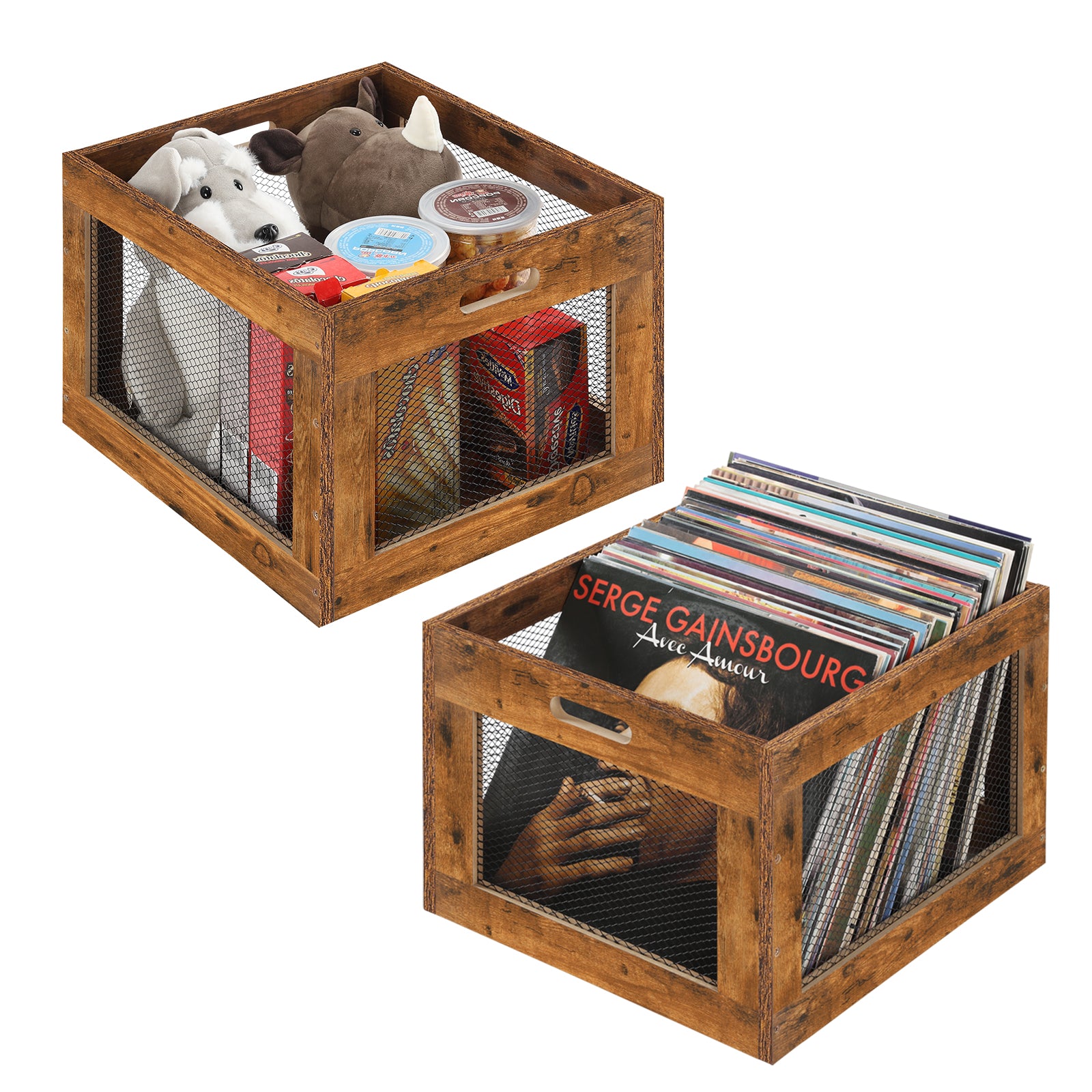 Vintage Wood Vinyl Record Storage Crate - Rustic Album Holder with Integrated Handles - Decorative Storage Case for Records, Books & Magazines