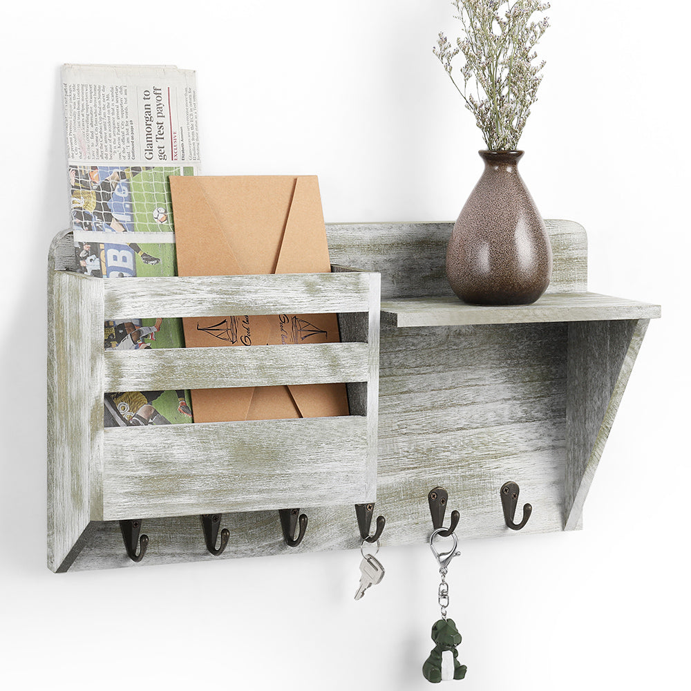 Rustic Wall-Mounted Mail Organizer - Wooden Key Holder with Storage Shelf - Entryway Letter Sorter & 5 Hooks for Farmhouse Home Decor