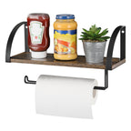 Wall-Mounted Wood Paper Towel Holder with Shelf - Farmhouse Kitchen Under-Cabinet Rack - Rustic Spice Organizer & Bathroom Towel Storage