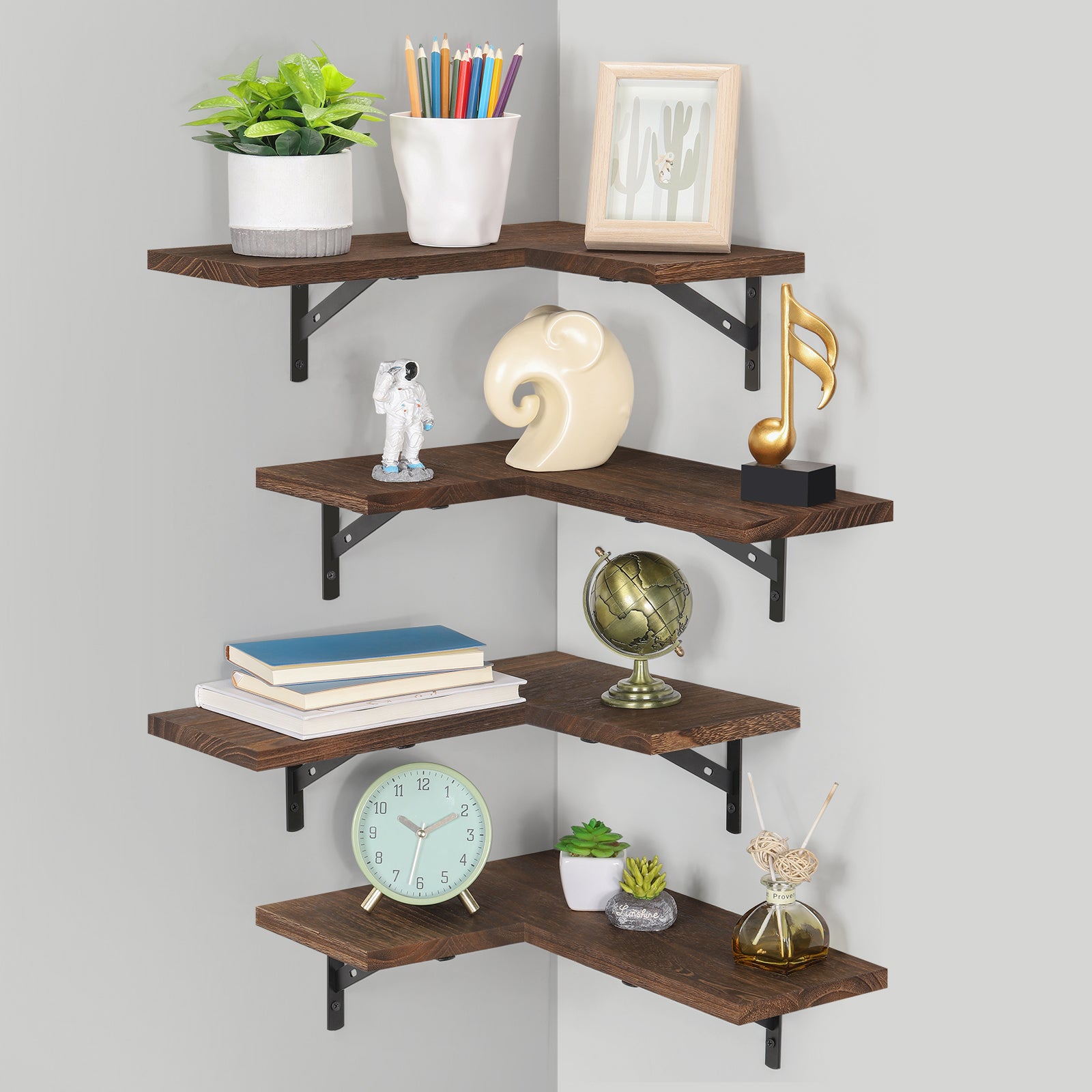 Set of 4 Rustic Floating Corner Shelves - L-Shaped Wood Wall Storage Organizers - Decorative Display Shelves for Bedroom, Living Room & Office